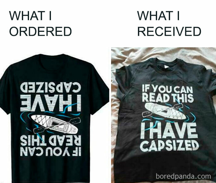 Black t-shirt fail showing inverted text on the ordered shirt versus correct text on the received shirt, a hilarious preventable fail.