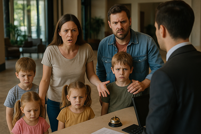 Frustrated hotel guests confronting staff about disturbances while disturbing neighbors and facing early morning revenge. Frustrated hotel guests confronting staff about disturbances while disturbing neighbors and facing early morning revenge.