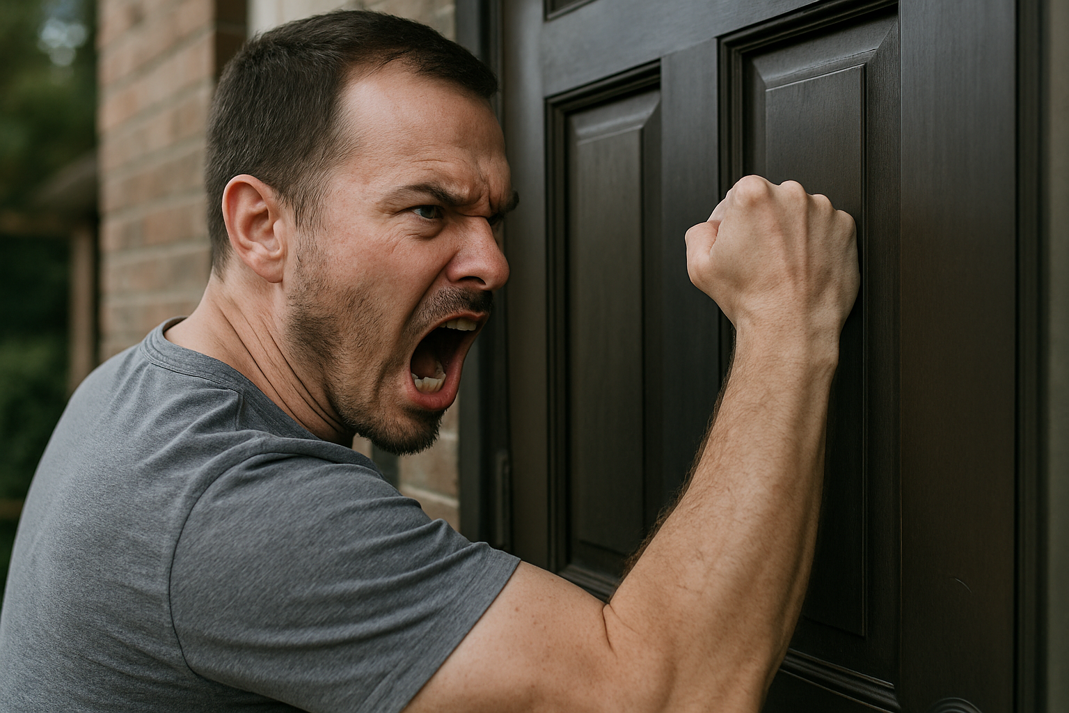 Angry man knocking loudly on a black door, expressing frustration as police involvement escalates a dog shelter dispute. Angry man knocking loudly on a black door, expressing frustration as police involvement escalates a dog shelter dispute.