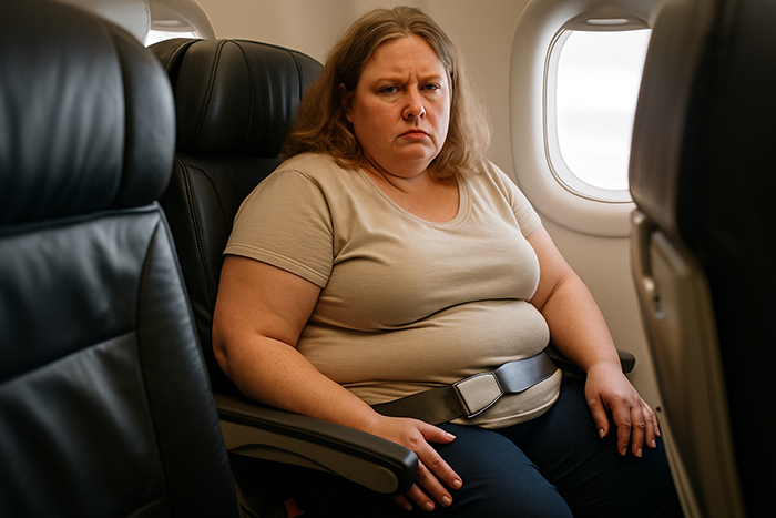 Obese woman seated on an airplane, looking uncomfortable, highlighting a flight seating comfort issue for obese passengers. Obese woman seated on an airplane, looking uncomfortable, highlighting a flight seating comfort issue for obese passengers.