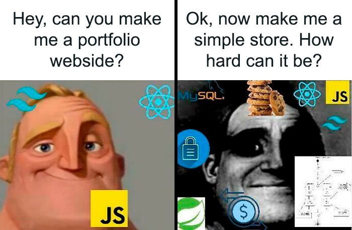 Two-panel programming meme showing a confident character asked to create a portfolio website, then overwhelmed by a complex store project with programming logos.