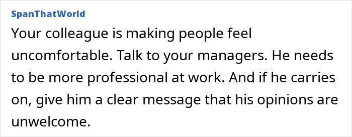 Text message advising to address a religious coworker pushing beliefs at work, encouraging professional boundaries. Text message advising to address a religious coworker pushing beliefs at work, encouraging professional boundaries.