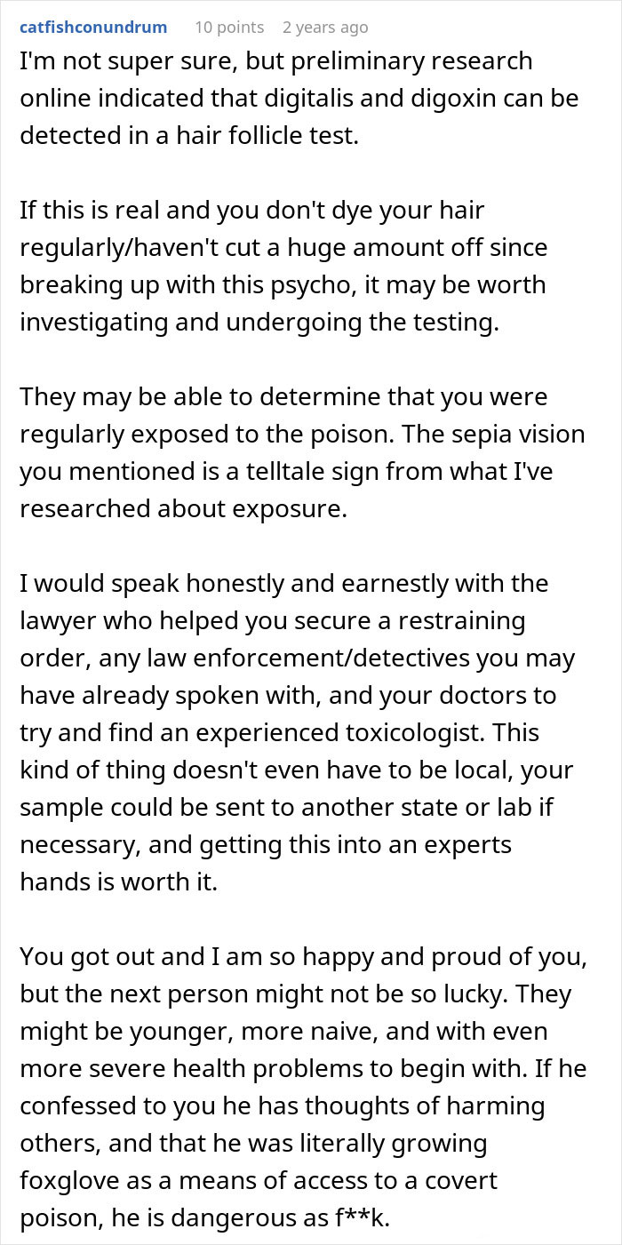 Reddit advice on detecting poison exposure through hair follicle tests after suspicion of poisoning by an ex-partner. Reddit advice on detecting poison exposure through hair follicle tests after suspicion of poisoning by an ex-partner.