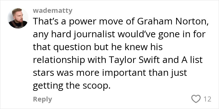 Comment discussing Graham Norton’s decision to cut off a question to Taylor Swift about sensitivity. Comment discussing Graham Norton’s decision to cut off a question to Taylor Swift about sensitivity.