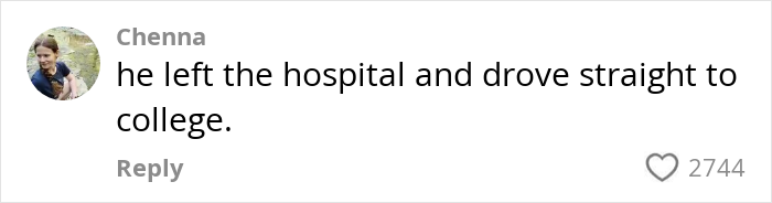 Comment on social media post saying he left the hospital and drove straight to college, expressing surprise about hospital record delivery.