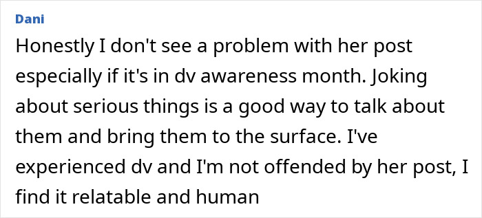 Comment discussing Kristen Bell triggering post, calling it relatable and human during domestic violence awareness month. Comment discussing Kristen Bell triggering post, calling it relatable and human during domestic violence awareness month.