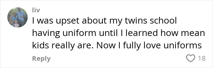 Mom vents about daughter getting bullied for her clothes in a social media comment on school uniforms and kids' behavior. Mom vents about daughter getting bullied for her clothes in a social media comment on school uniforms and kids' behavior.