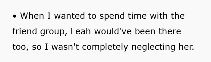 Text excerpt on a white background about spending time with a friend group referencing Leah and feelings of neglect. Text excerpt on a white background about spending time with a friend group referencing Leah and feelings of neglect.
