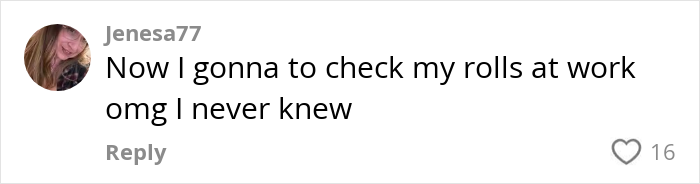 Comment on social media post about toilet paper danger in public bathrooms, expressing surprise about checking toilet paper rolls at work. Comment on social media post about toilet paper danger in public bathrooms, expressing surprise about checking toilet paper rolls at work.