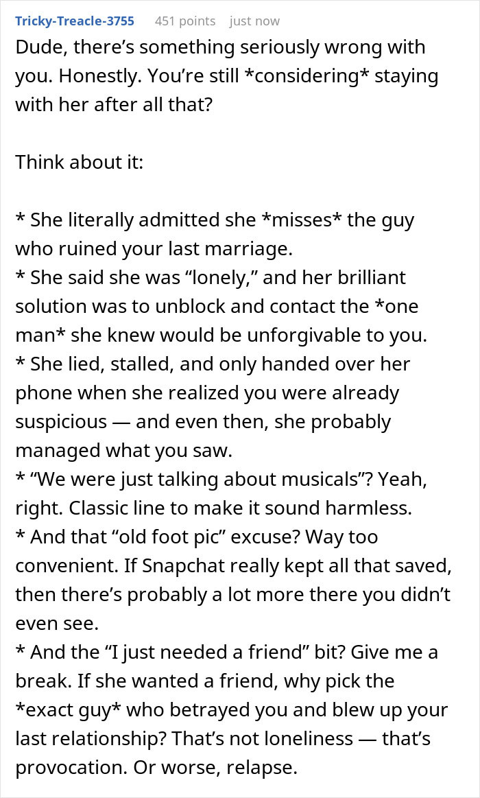 Text post discussing a guy’s pain after finding out his ex-wife cheated with his best man and fears for his girlfriend. Text post discussing a guy’s pain after finding out his ex-wife cheated with his best man and fears for his girlfriend.
