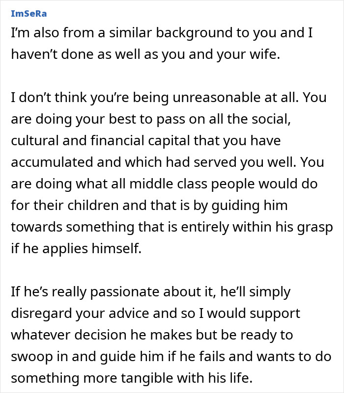 Alt text: User ImSeRa commenting on steering sons' career choices against dreams with practical guidance and support. Alt text: User ImSeRa commenting on steering sons' career choices against dreams with practical guidance and support.