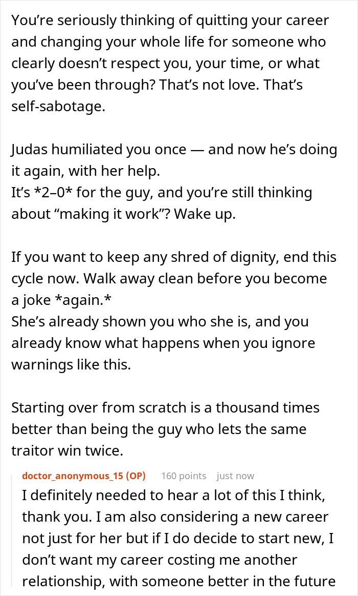 Text message conversation about self-sabotage in relationships after ex-wife cheated with best man and fears for current girlfriend.