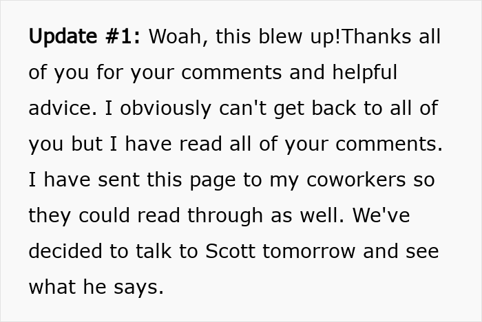 Update text describing coworkers realizing they were scammed attending superior’s wife’s paid show, discussing next steps. Update text describing coworkers realizing they were scammed attending superior’s wife’s paid show, discussing next steps.