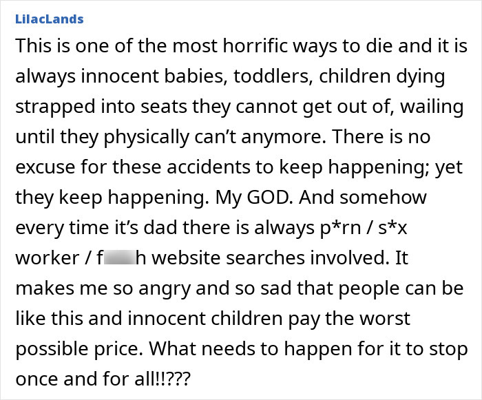 Comment discussing tragic deaths of toddlers in hot cars and the link to dads watching adult videos during incidents. Comment discussing tragic deaths of toddlers in hot cars and the link to dads watching adult videos during incidents.