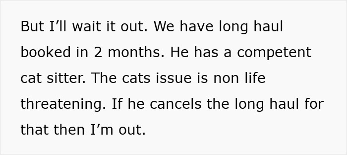 Text on a white background about waiting out a long haul trip with a competent cat sitter and cats' non-life-threatening issue. Text on a white background about waiting out a long haul trip with a competent cat sitter and cats' non-life-threatening issue.