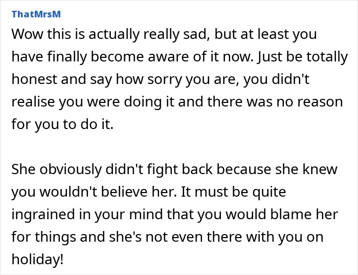 Comment from ThatMrsM expressing regret and advice on using daughter as family scapegoat and seeking honesty and apology. Comment from ThatMrsM expressing regret and advice on using daughter as family scapegoat and seeking honesty and apology.