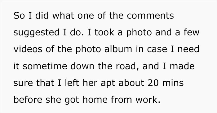 Text excerpt describing a guy photographing a photo album secretly taken by his girlfriend after 5 weeks of dating. Text excerpt describing a guy photographing a photo album secretly taken by his girlfriend after 5 weeks of dating.