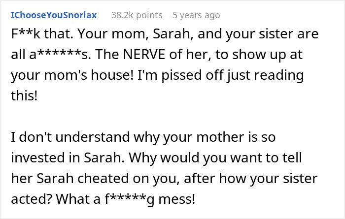 Screenshot of an angry Reddit comment reacting to a mom's attempt to reconcile her son and his ex-fiancé online. Screenshot of an angry Reddit comment reacting to a mom's attempt to reconcile her son and his ex-fiancé online.