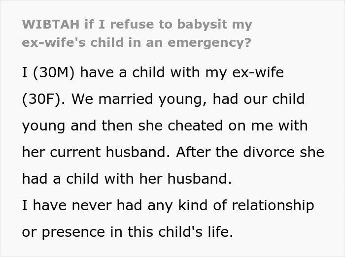 Man shares dilemma about babysitting ex-wife’s child after she left him for another man. Man shares dilemma about babysitting ex-wife’s child after she left him for another man.
