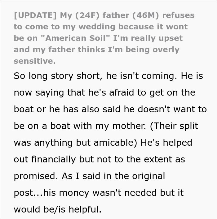 Text post about bride&rsquo;s father refusing to attend wedding because it&rsquo;s not held on American soil, causing family conflict.