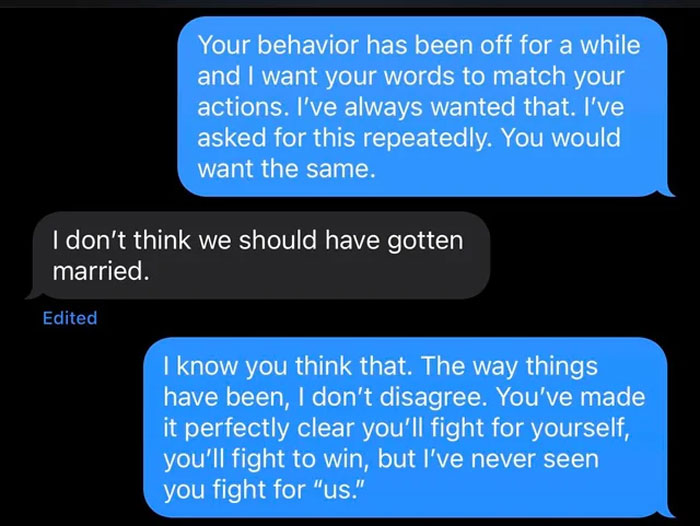 Text message conversation showing a woman confronting her husband about their troubled marriage after his disturbing confession. Text message conversation showing a woman confronting her husband about their troubled marriage after his disturbing confession.