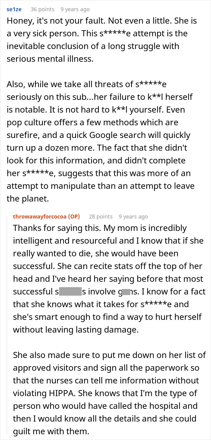 Reddit conversation discussing a daughter’s mental illness and parents lied about food allergies causing no contact.