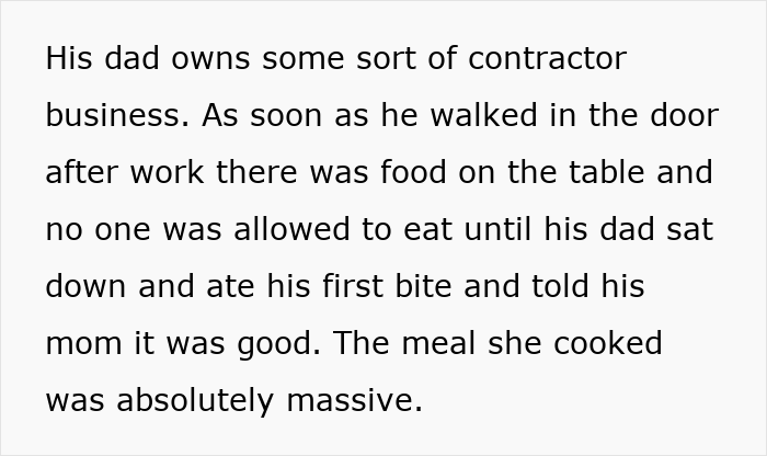 Text excerpt discussing a family dinner where the boyfriend’s dad owns a contractor business and enforces meal expectations.