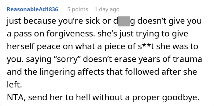 Comment discussing forgiveness and trauma after a mom tells daughter she wishes she was never born. Comment discussing forgiveness and trauma after a mom tells daughter she wishes she was never born.