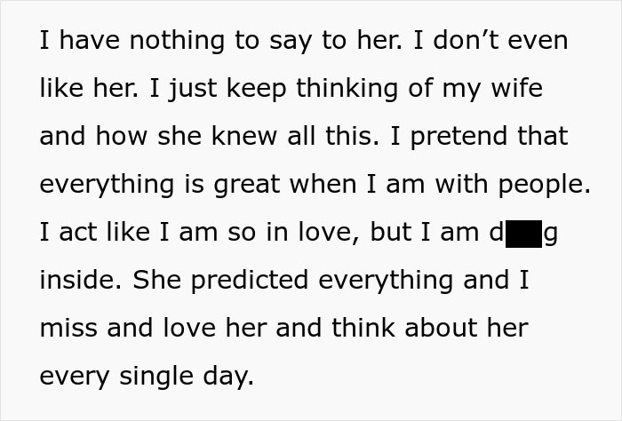 Text excerpt showing a man reflecting on leaving his wife for a younger woman and realizing the emotional pain he endures. Text excerpt showing a man reflecting on leaving his wife for a younger woman and realizing the emotional pain he endures.
