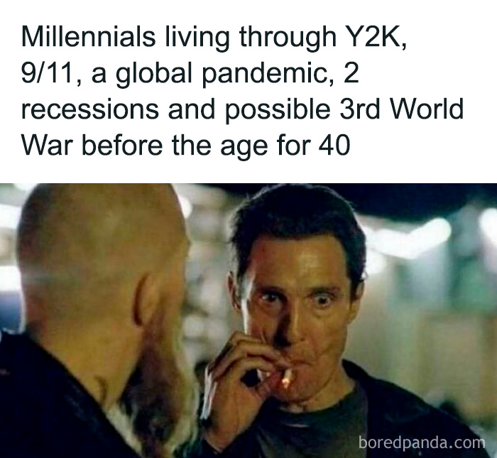 Millennials reacting with stress and disbelief to historical events, featured in a funny and relatable TV meme.