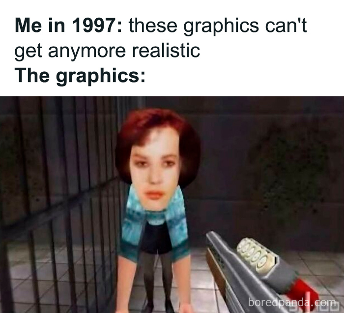 A funny TV meme showing outdated 1997 video game graphics with a distorted character holding a s*****n.