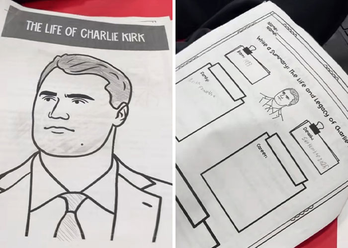 Homework assignment pages featuring a drawing and summary prompts about the life of Charlie Kirk for a 5th grader. Homework assignment pages featuring a drawing and summary prompts about the life of Charlie Kirk for a 5th grader.