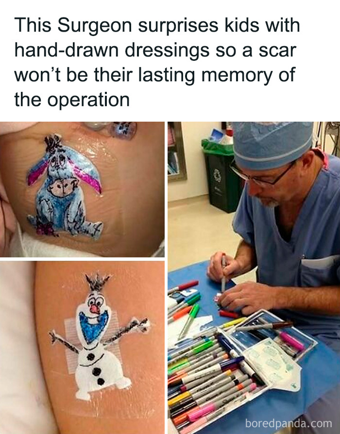 Surgeon drawing colorful cartoon characters on kids’ dressings to create adorable and wholesome posts brightening feeds.