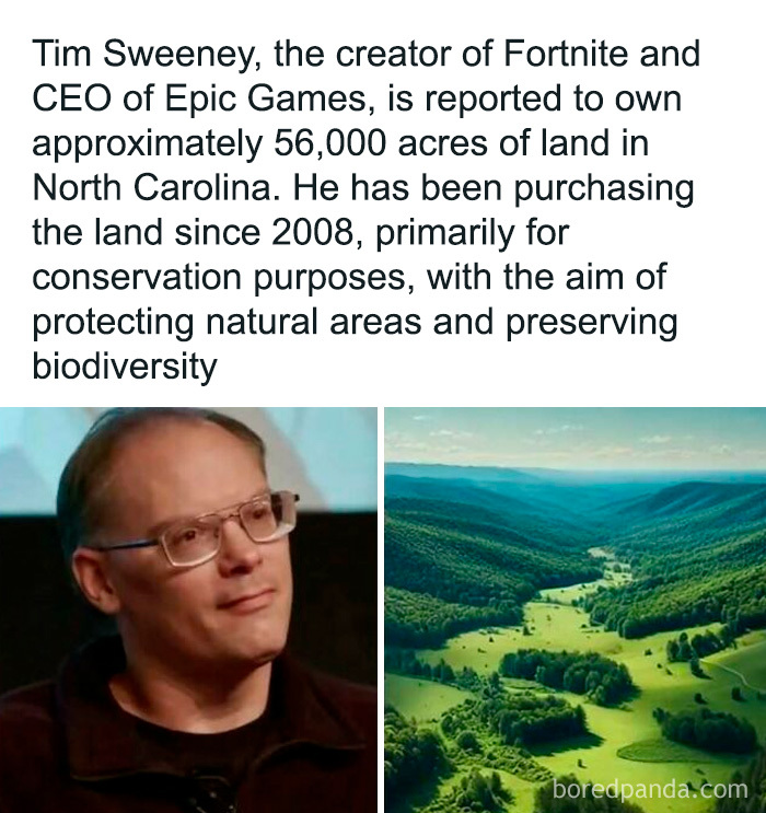 Portrait of Tim Sweeney next to an aerial view of his large green land holding, showcasing wholesome nature conservation efforts.