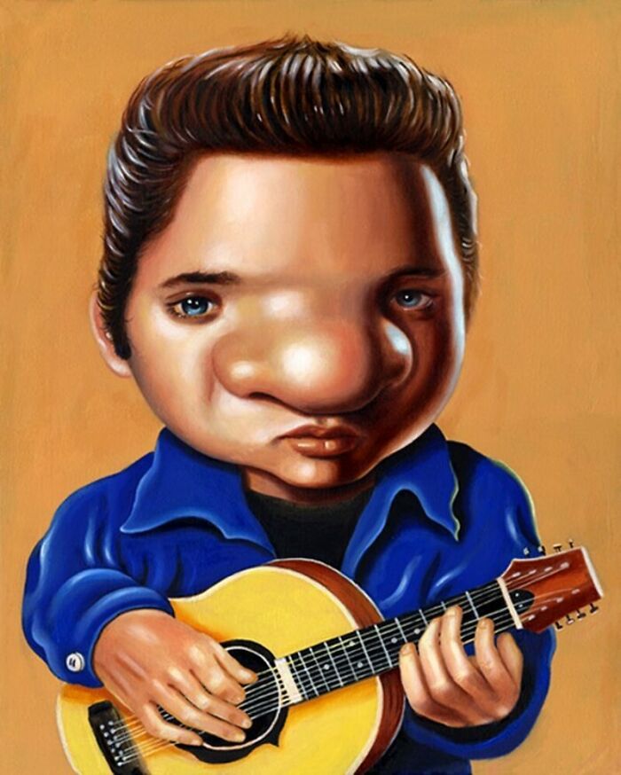 Exaggerated portrait of a man with a large nose playing guitar, showcasing absurd and endearing artistic style.