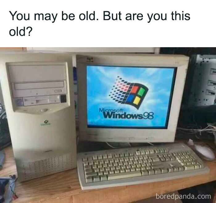 Old desktop computer with Windows 98 on screen, highlighting things that make people who recognize them feel very old.