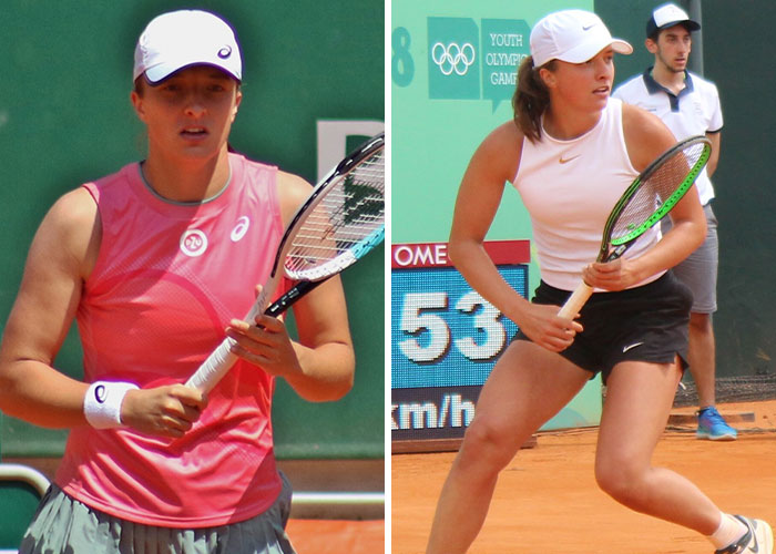 Two female tennis players in action on clay courts, holding rackets during competitive matches, tennis star rivalry. Two female tennis players in action on clay courts, holding rackets during competitive matches, tennis star rivalry.