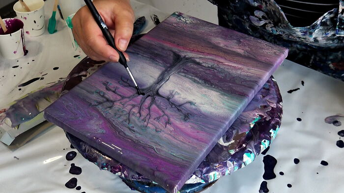 Painting A Tree On Wet Acrylic Pour With Beautifully Ghostly Results