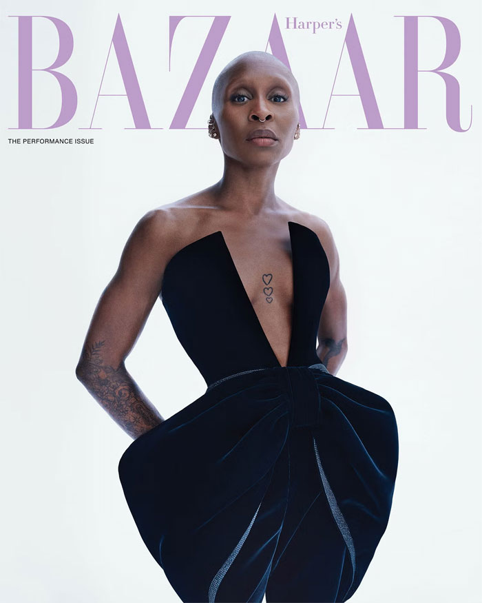 Cynthia Erivo posing in a striking black outfit on Harper’s Bazaar cover, sparking strong reactions to the grotesque shoot. Cynthia Erivo posing in a striking black outfit on Harper’s Bazaar cover, sparking strong reactions to the grotesque shoot.