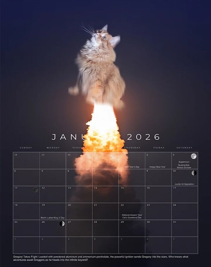 Rescue cat edited as a rocket blast launch in the 2026 feline space calendar by an astrophotographer.