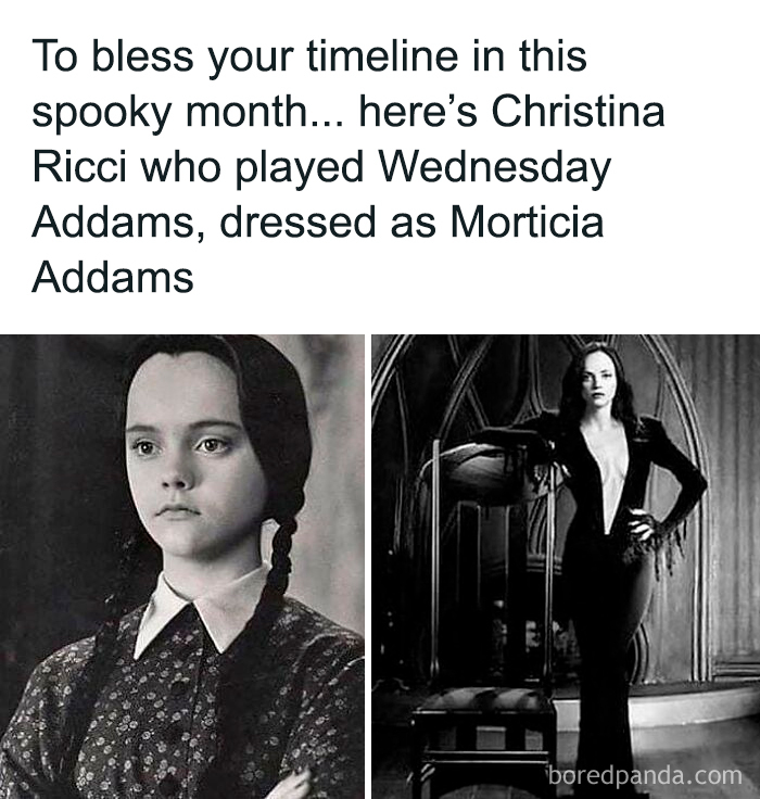 Black and white images of Christina Ricci as Wednesday Addams and Morticia Addams, Halloween fans meme.