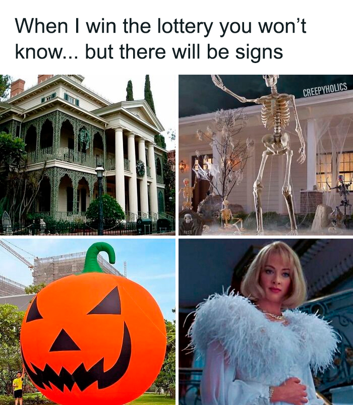 Hilarious and relatable horror and Halloween memes featuring spooky houses, skeletons, pumpkins, and costumes.