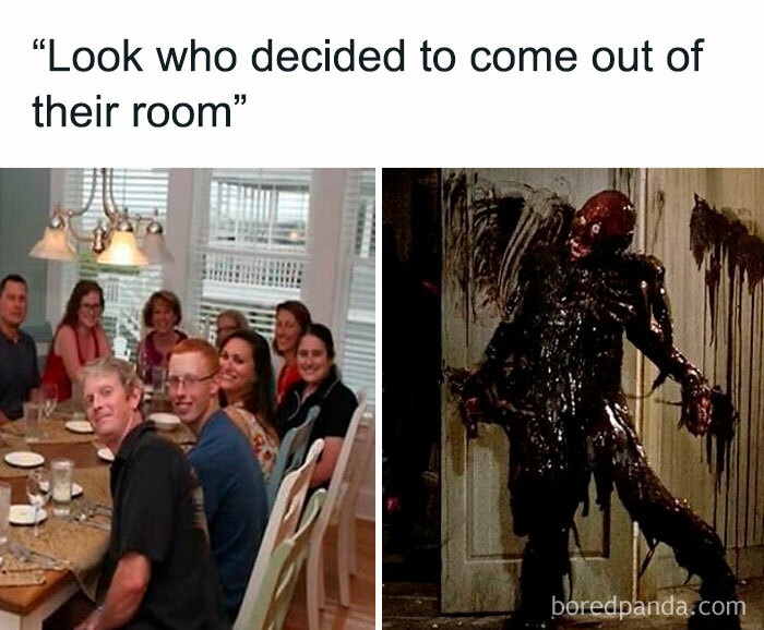 Hilarious horror movie memes showing a family dinner scene and a creepy monster emerging from a door.
