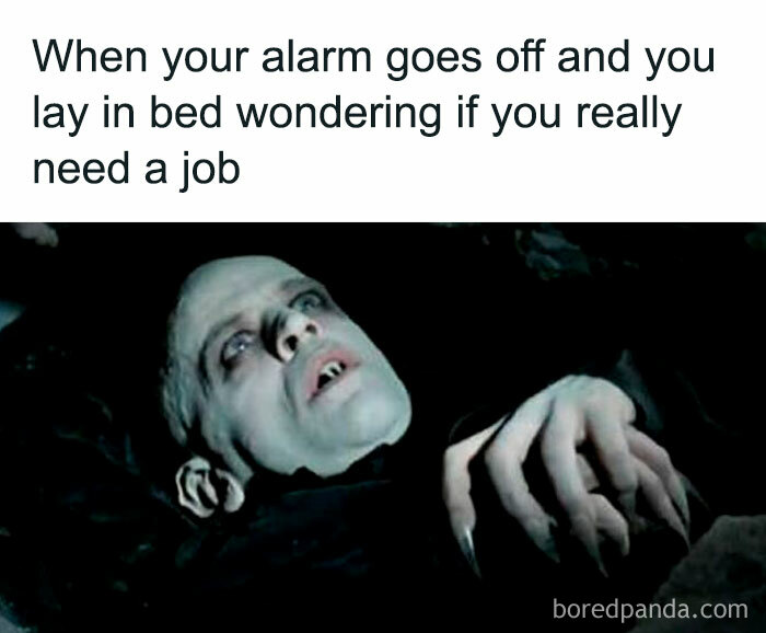 Hilarious horror movie meme of vampire lying in grave, pondering life after alarm goes off in the morning.