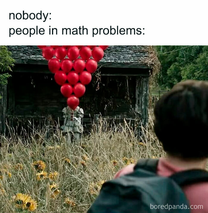 Hilarious horror movie meme showing a creepy character with red balloons in a field, viewed by a person with a backpack.