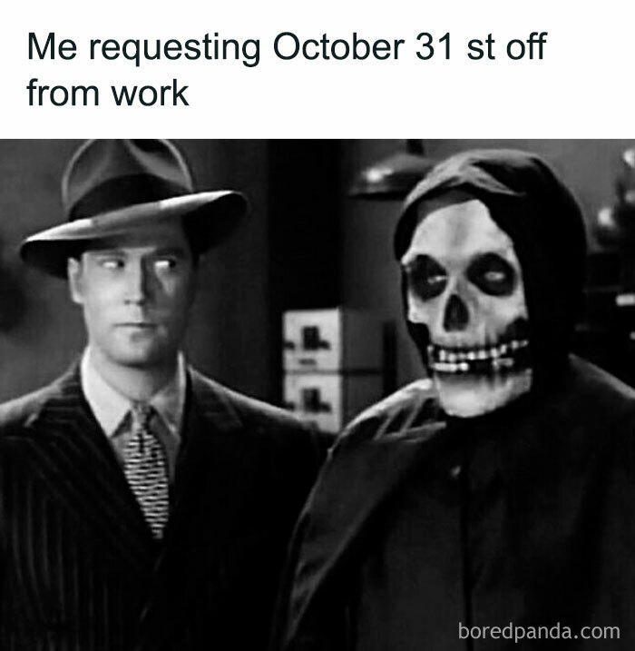 Black and white horror movie meme showing a man in a suit next to a skeleton figure, Halloween humor and horror memes.