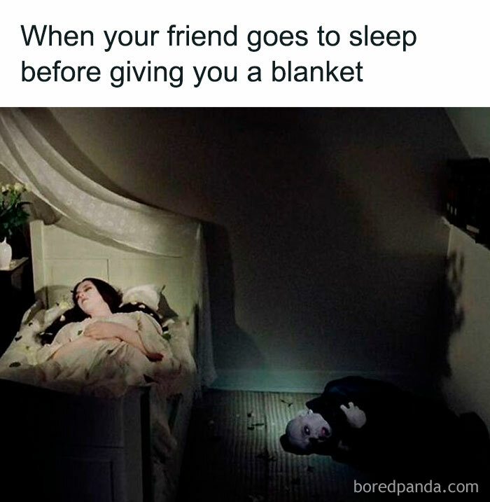 Hilarious horror movie meme showing a woman sleeping in bed while a creepy figure lies cold on the floor without a blanket.