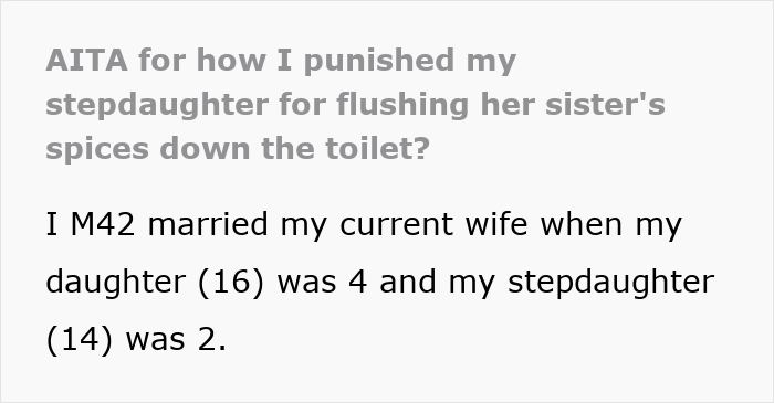 A text post questioning if the user was wrong for punishing their stepdaughter who flushed her sister’s spices down the toilet.