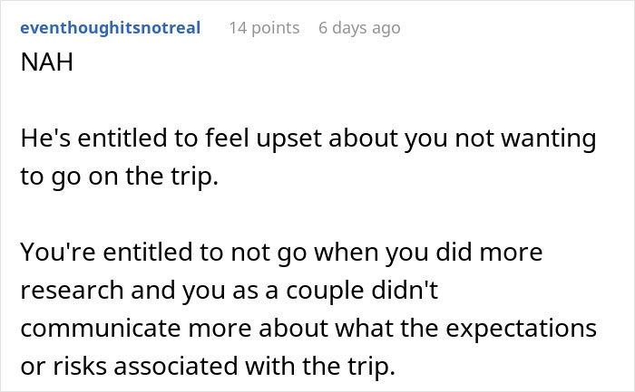 Screenshot of an online comment discussing a man getting majorly hurt when his wife asks to cancel their anniversary trip. Screenshot of an online comment discussing a man getting majorly hurt when his wife asks to cancel their anniversary trip.