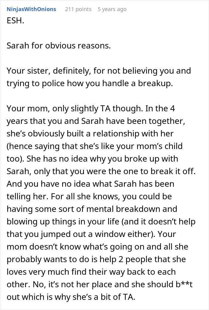 Comment discussing a mom’s attempt to reconcile her son and his ex-fiancé, mentioning a window escape.